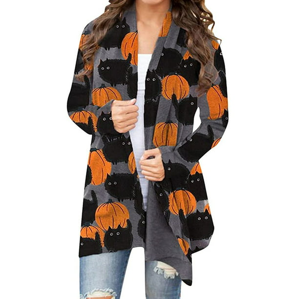 Womens Halloween Pumpkin Print Open Front Cardigan Long Sleeve Soft Knit Sweater Chunky Outwear